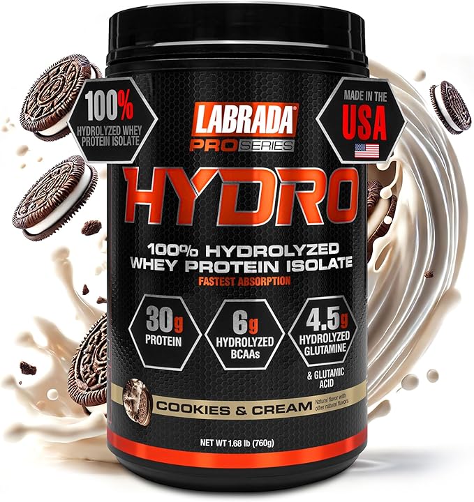 Labrada Hydro 100% Pure Hydrolyzed Whey Protein Isolate Powder Lactose free 6g BCAA’s 4.5g Glutamine Fastest Digesting Whey Available Instant Mixing Delicious Taste 20 Servings (Cookies &amp Cr