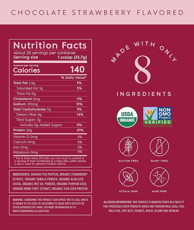 Truvani Vegan Pea Protein Powder | Chocolate Strawberry | 20g Organic Plant Based Protein | 20 Servings | Keto | Gluten &amp Dairy Free | Low Carb | No Added Sugar