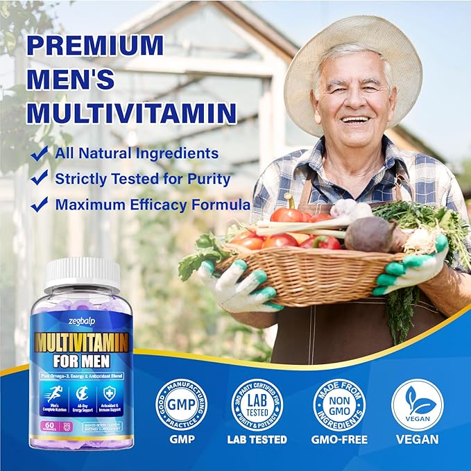 Mens Multivitamins Gummies with Methylated Vitamins - Vegan Omega-3 CoQ10 Vitamin A C D3 K2 B12 Calcium Zinc Grape Seed Support Energy &amp Antioxidant - Multivitamin for Men Gummies Sugar-Free