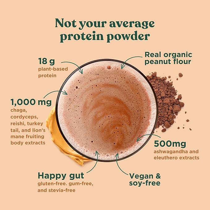 Four Sigmatic Organic Plant-Based Protein Powder Bundle with Peanut Butter Vanilla Flavors Mushrooms and Adaptogens | 21.16 oz