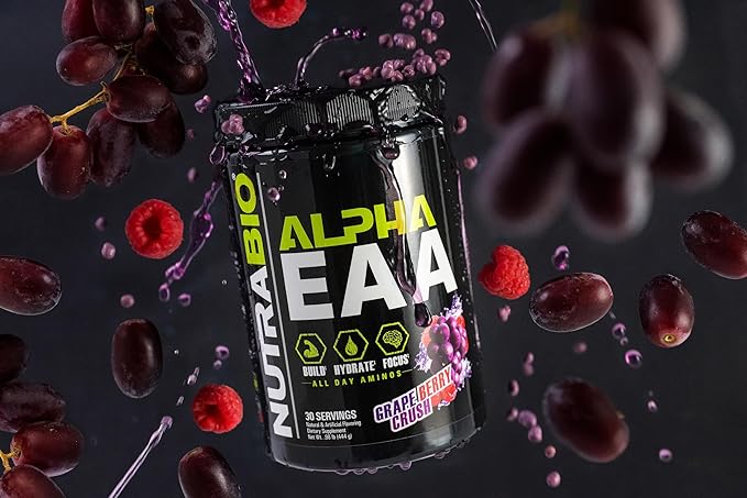 NutraBio Alpha EAA - All-Day Amino Acids for Muscle Growth and Hydration - Essential Amino Acids with Nootropics &amp Adaptogens- Full Spectrum EAA BCAA Powder - 30 Servings - Grape Berry Crush