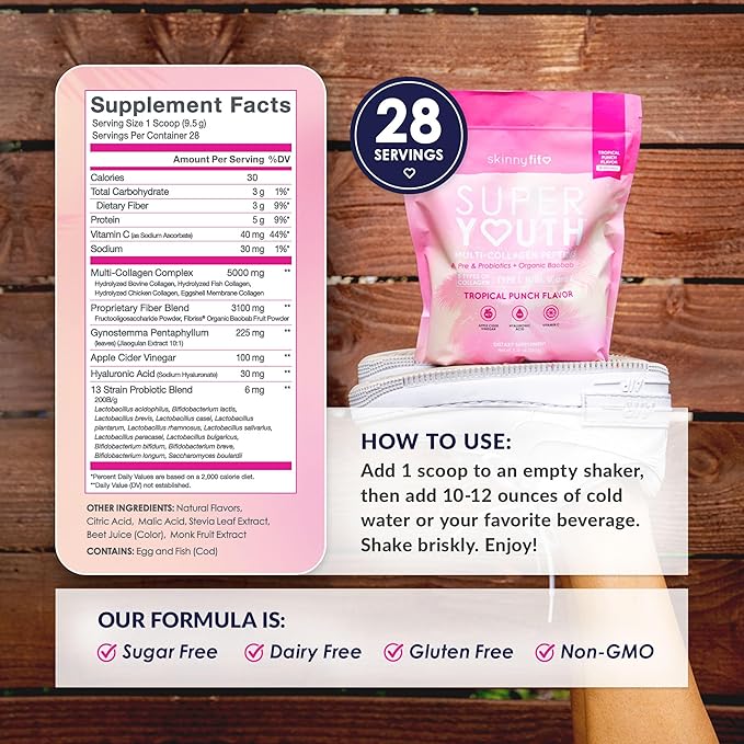 SkinnyFit - Super Youth Collagen for Women - Multi Collagen Peptides Powder - Probiotics Fiber Hyaluronic Acid - Non GMO Gluten Free Sugar Free - Beauty &amp Self Care - Tropical Punch (28 Servin