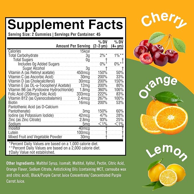 Kids Multivitamin Gummy - for Growing Health &amp Vitality | 2 Pack (180 Gummies Total) | Lemon Orange Cherry Flavors | Packed with Pantothenic Acid Folic Acid Zinc Iodine &amp Biotin