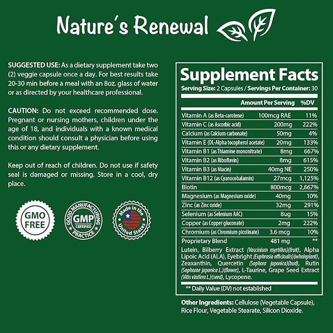 Nature's Renewal Eye Health Complex Supplement - Lutein Zeaxanthin Lycopene Bilberry Eyebright Carotenoids Macular Support Herbs Sight Care Vitamins Vision Antioxidants - 60 Capsules