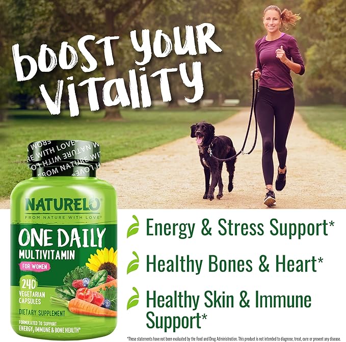 NATURELO One Daily Multivitamin for Women w/Vitamin B12 240 Ct Energy Support Whole Food Daily Women Multivitamin Supplement Nourish Hair/Skin/Nail Non-GMO No Soy Gluten Free 8 Month Supply