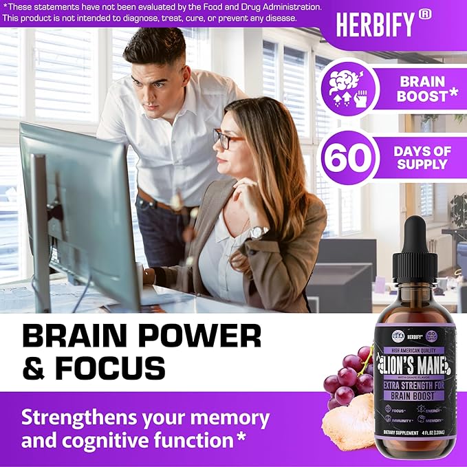 HERBIFY Lions Mane Supplement - Daily Mushroom Supplement for Memory Focus &amp Clarity - Brain Booster - Lions Mane Tincture for Immune Support - 4 Fl oz Grape Flavor