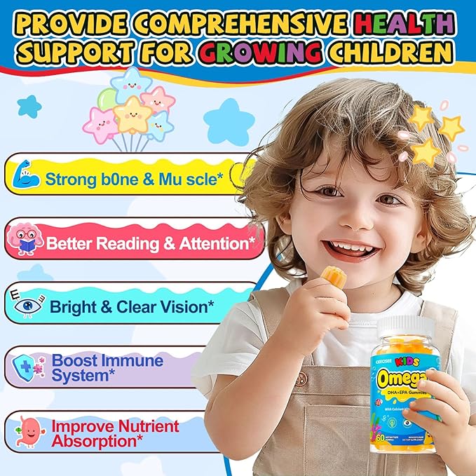 Organic Kid’s Omega-3 Gummies: Chewable Fish Oil Alternative Vegan Omega 3 Fatty Acid Supplement with DHA EPA Vitamin D3 B12 Calcium Magnesium - Focus Immune Health Support for Kids(120Count)
