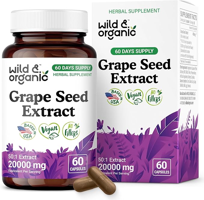 Wild &amp Organic Grape Seed Extract Capsules - 20000 mg Strength Grapeseed Extract Equivalent - 95% Polyphenols - 400 mg per Serving - 2 Month Supply - 60 Vegan Capsules - Non-GMO