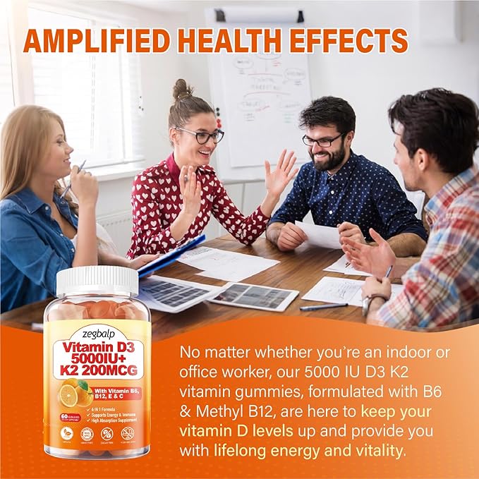2Packs Vitamin D3 K2 Gummies for Adults Sugar-Free Vitamin D3 5000IU + K2(MK-7) 200mcg Supplement with Vitamin B Complex &amp Vitamin C E Supports Bone Muscle Teeth &amp Immune Vegan Gluten Fre