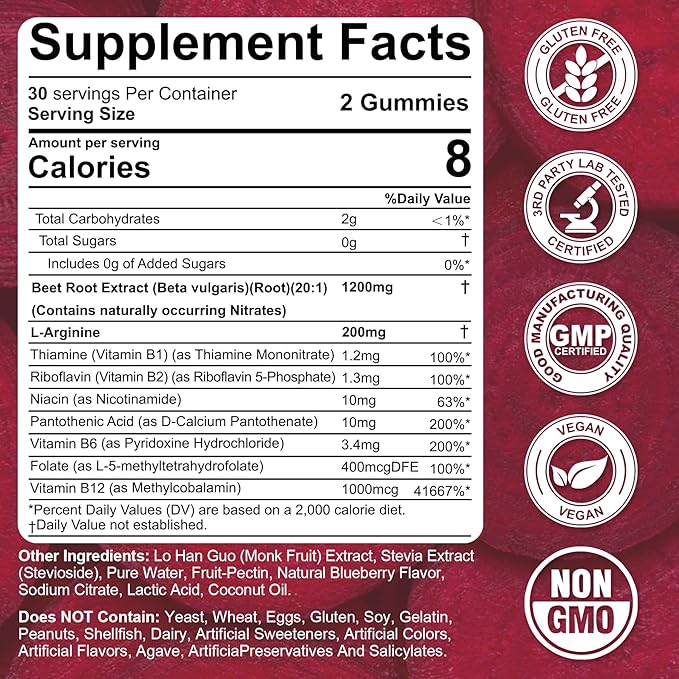 Beet Root Gummies Beetroot &amp L-Arginine Red Beets Supplements w/ Vitamin B1 B2 B3 B5 B6 Folate B12 for Energy Boost &amp Circulation Support Sugar Free Nitric Oxide Gummies 120 Beet Che