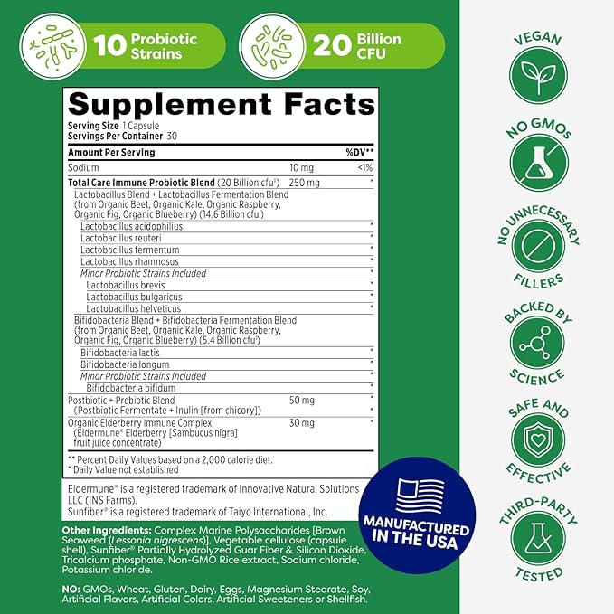 Probulin Total Care Immune = Prebiotics + Probiotics + Postbiotics + Elderberry to Support Immune &amp Gut Health - 20 Billion CFU - 10 Probiotic Strains 30 Vegan Capsules