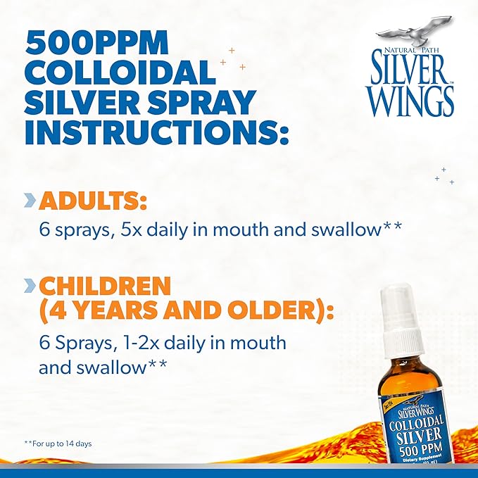 Natural Path Silver Wings Colloidal Silver - Extra Strength Liquid Immune Support Supplement- - 500ppm (2500mcg) - 2oz Spray