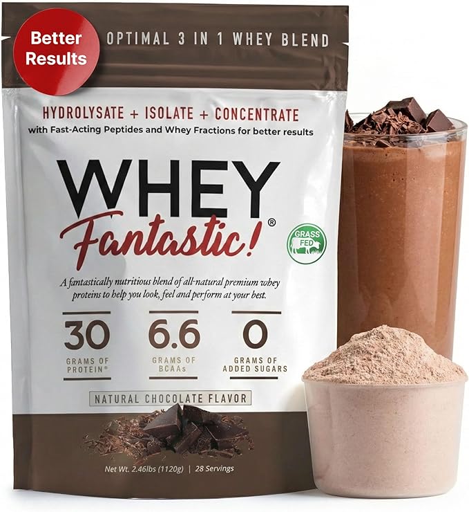 Chocolate -3-in-1 Grass Fed Whey Protein Powder - Unique Blend of Hydrolysate Isolate &amp Concentrate Provides 30g of Protein &amp 6.6g BCAAs per Serving - 2.2lb-28 Servings