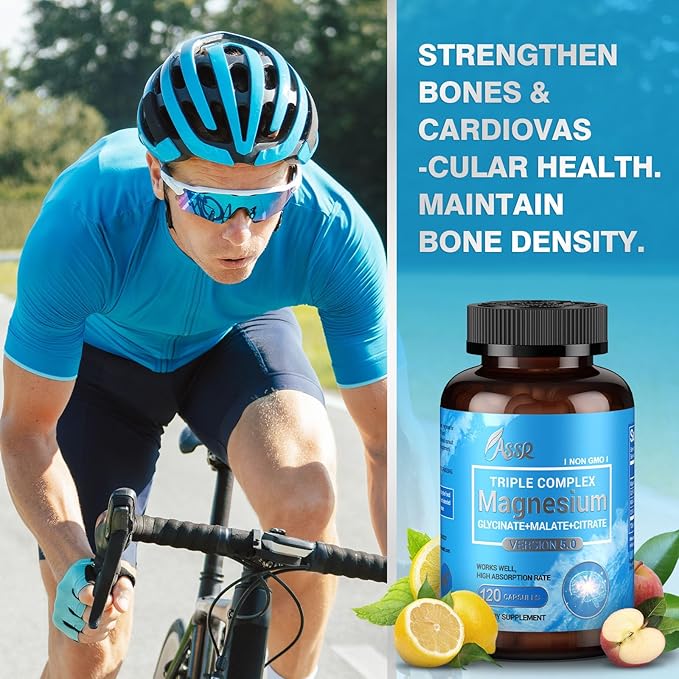 ASSR Triple Magnesium Complex – 300mg Magnesium Supplement with Glycinate Malate &amp Citrate – Supports Relaxation Muscle &amp Nerve Function – High Absorption Vegan Non-GMO 120 Capsules