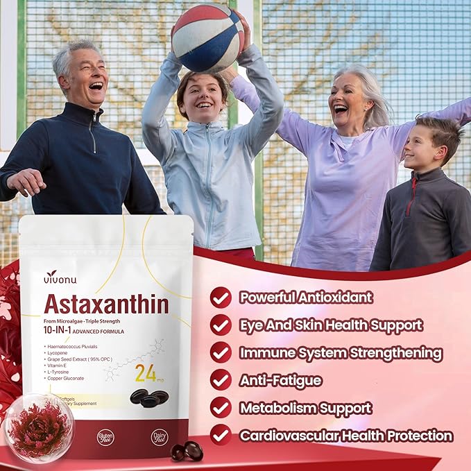 10 in 1 Astaxanthin Supplements 24mg 16 Month Supply Astaxantina Antioxidant from Haematococcus Pluvialis Contains Lycopene Grape Seed Vitamin E &amp More Supports Eye Joints Skin Health 4 B