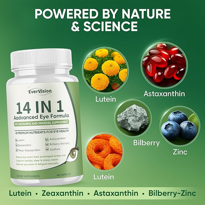14 in 1 Advanced Eye Formula Eye Supplement with Lutein Zeaxanthin Astaxanthin Bilberry Extract &amp Zinc Eye Vitamin and Mineral Supplement for Adults &amp Seniors 60 Capsules (1)