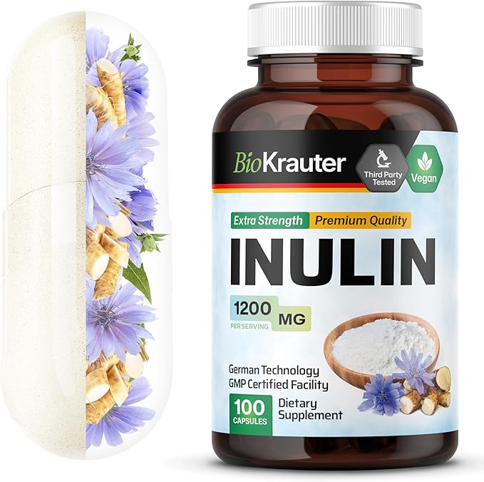 BIO KRAUTER® Inulin Powder from Chicory Root in Capsules 1200 mg per Serving 100 Count - Vegan &amp Pure Inulin Prebiotic Fiber for Gut &amp Digestive Support - No Fillers Non-GMO - 16 Days of Supp