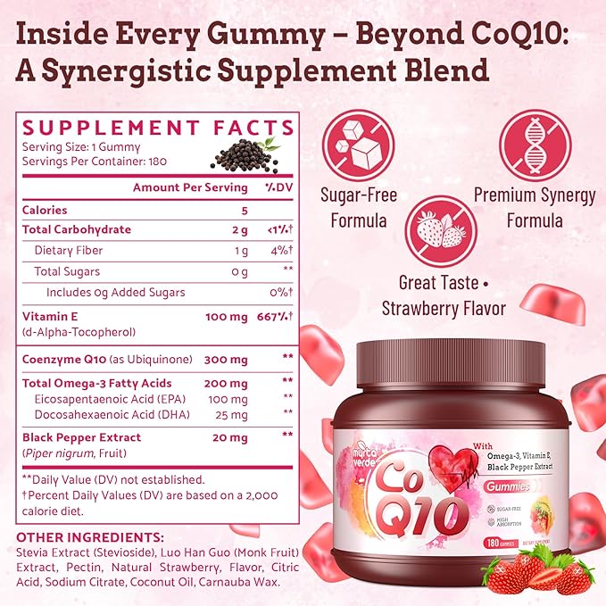 (180 Count) CoQ10 Gummies 300mg Sugar-Free | High Absorption Coenzyme Q10 Supplements with Omega-3 Vitamin E &amp Black Pepper | Heart Fertility &amp Energy | 6 Month Supply Strawberry Flavor
