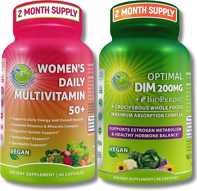 Vegan Bundle for Hormone Balance Energy Immunity Bundle – Women’s Daily Multivitamin 50+ with Organic Superfood Blend + DIM 200mg Supplement with BioPerine® – Non-GMO Clean Daily Wellness Support