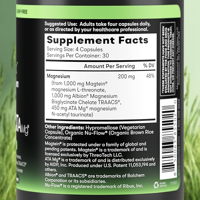 Threonix Triple Magnesium Complex - 200 mg Magnesium from 2450 mg of Magtein L-Threonate Bisglycinate Chelate TRAACS &amp ATA Mg - Brain Sleep &amp Mood Support - High Absorption - 120 Capsules