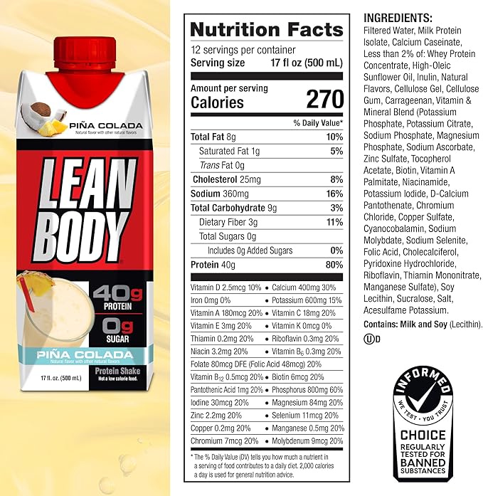 Lean Body Ready-to-Drink Pina Colada Protein Shake 40g Protein Whey Blend 0 Sugar Gluten Free 22 Vitamins &amp Minerals 17 Fl Oz (Pack of 12)