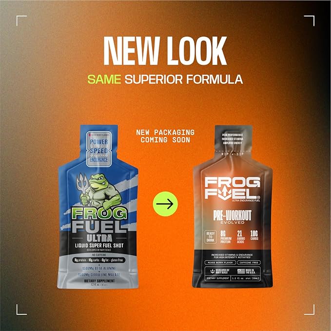 Frog Fuel Power Regular Protein &amp Ultra Pre Workout Shot Bundle 1500mg Beta Alanine 15g Protein Nano-Hydrolyzed Grass Fed Collagen Pre &amp Post Workout 1.2 oz Packets 48 Pack