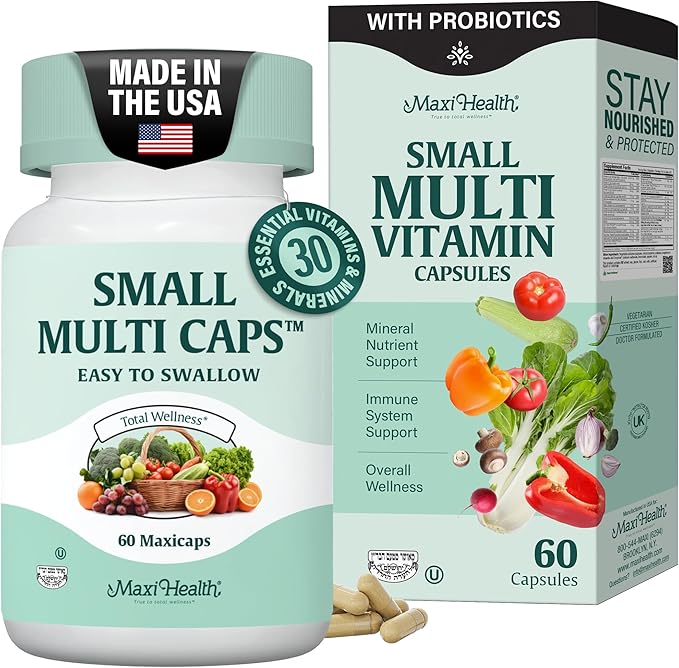 Maxi Health Multivitamin – Easy to Swallow Multi Vitamin Capsules with 30 Nutrients Iron &amp Probiotics – Kosher Daily Multivitamins Small Capsules for Wellness Support &amp Digestive Ease (60 Uni