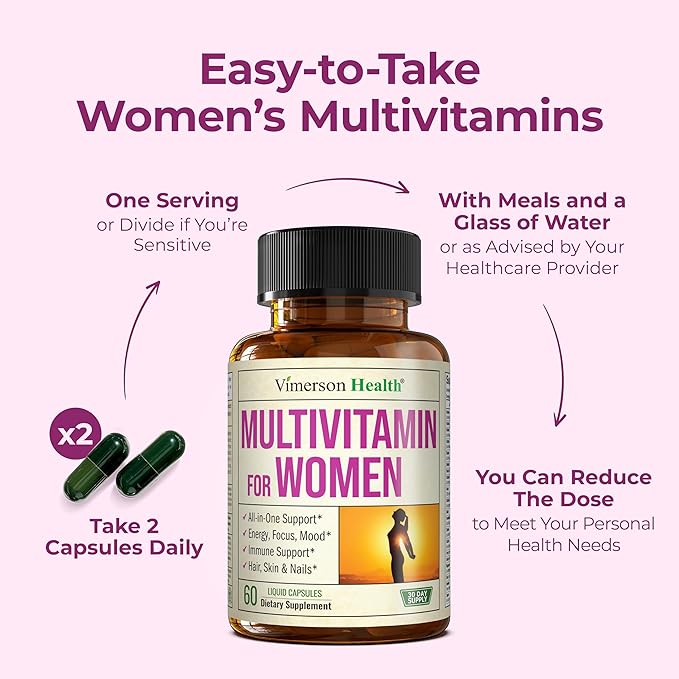 Multivitamin for Women with Vitamins and Minerals for Energy Focus and Immune Health – Premium Daily Womens Multivitamins &amp Multiminerals – 60 Liquid Capsules