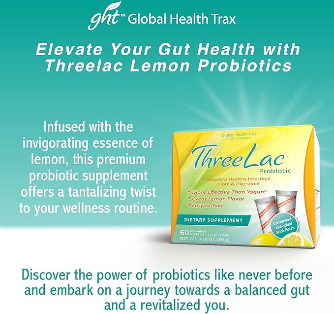 Global Health Trax ThreeLac Lemon Probiotic Drink Mix for Digestive Health - Advanced Probiotic Powder Formula for Men Women and Kids - Immune Support &amp Gut Balance Non-GMO - 180 Packets
