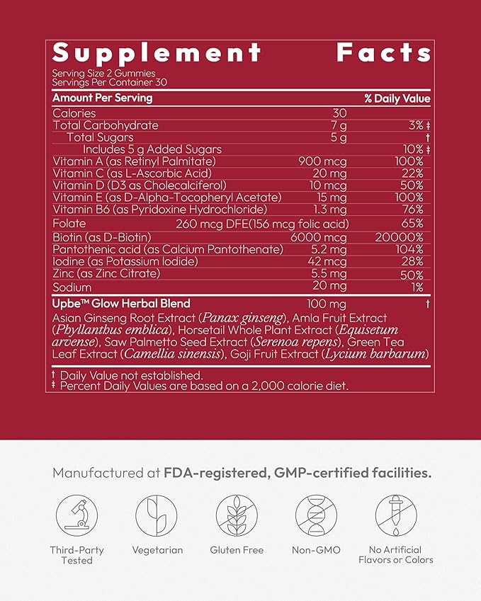 Hair Skin &amp Nails Gummies - 6000 mcg Biotin Vitamins &amp Minerals Supplement - Plant-Based Vegetarian No Artificial Flavors - Ginseng Herbs Gummy - 60ct