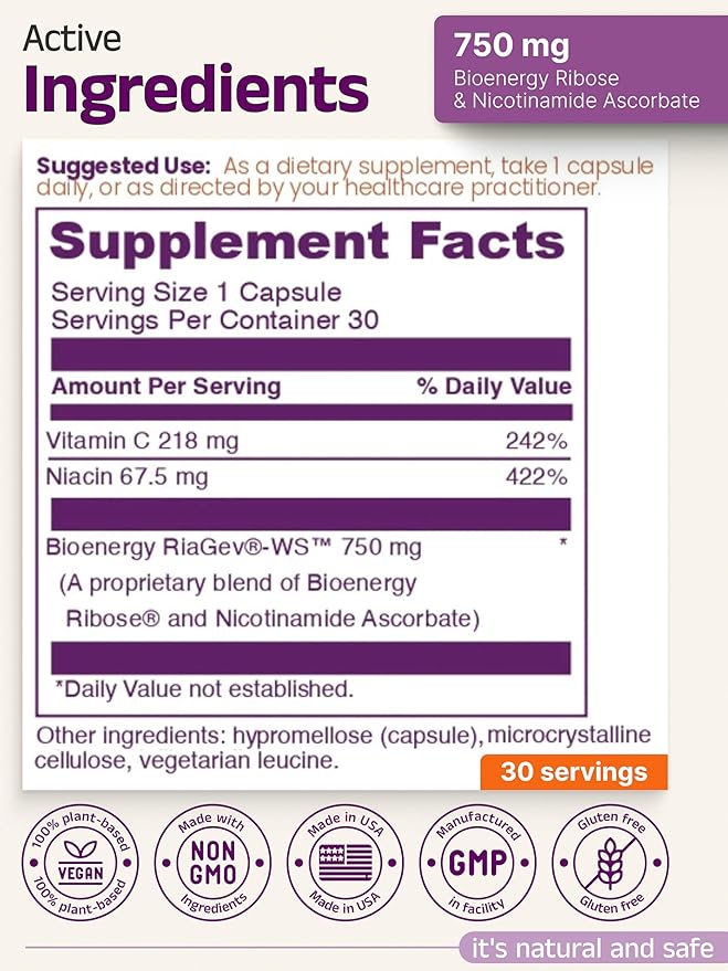 NAD+ Supplement with RiaGev®-WS™ – 750mg Ribose + Nicotinamide Ascorbate Complex – 30 Capsules – Mitochondrial Energy Healthy Aging &amp Detox – by Eternity Medicine