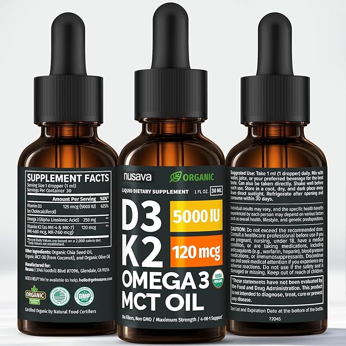 (4 Pack) Organic Vitamin D3 K2 Drops with MCT Oil Omega 3 5000 IU - Maximum Strength Vitamin D Liquid No Fillers Non-GMO Liquid D3 for Faster Absorption and Immune Support Unflavored 4 Fl Oz