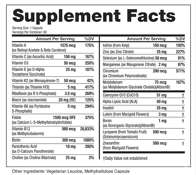 Eliixr Methylated Multivitamin 27-in-1 Formula with 1500 mcg Active Folate Methylated B12 K2 D3 B-Complex and more Women and Mens Multivitamins 60 Vegan Capsules 2 month supply Made in the USA