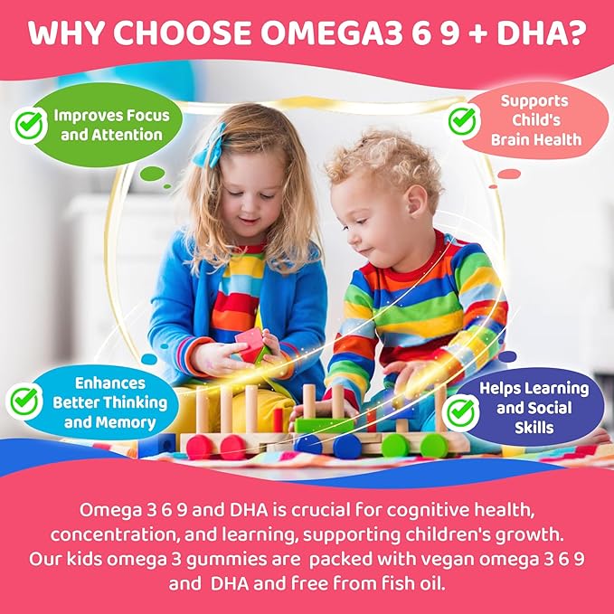 Kids Omega 3 Gummies for 4+ with DHA Vitamins D3 K2 C B6 Methyl B12 Luetin &amp PS No Fish Taste Sugar Free Omega 3 Fish Oil Alternative for Children for Brain Bone Eyes Focus Immunity 120 C