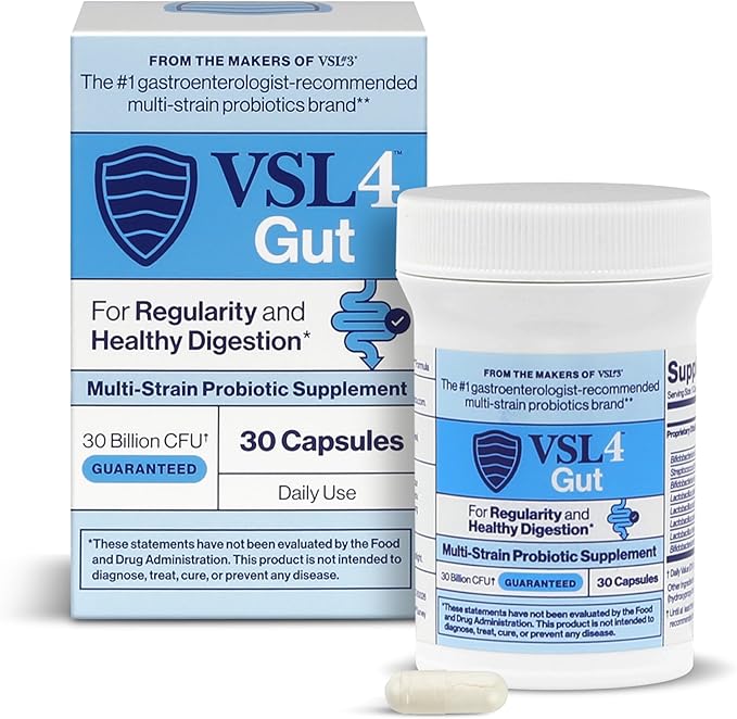 VSL4® Gut Daily Probiotics for Gut Health - 30B CFUs Multi-Strain Digestive Support for Women &amp Men Promotes Gut Balance &amp Regularity Potent Shelf-Stable Probiotic Supplement 30 Capsules