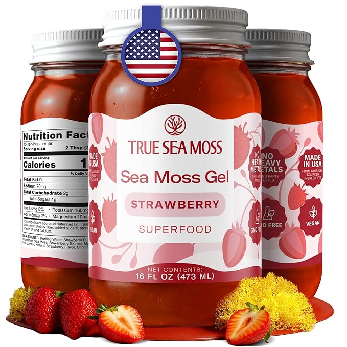 TrueSeaMoss Sea Moss Gel – Made in USA – Wildcrafted Seamoss Fruits &amp Jarred Vegetables – Strawberry Pack of 1 (Labels may Vary)