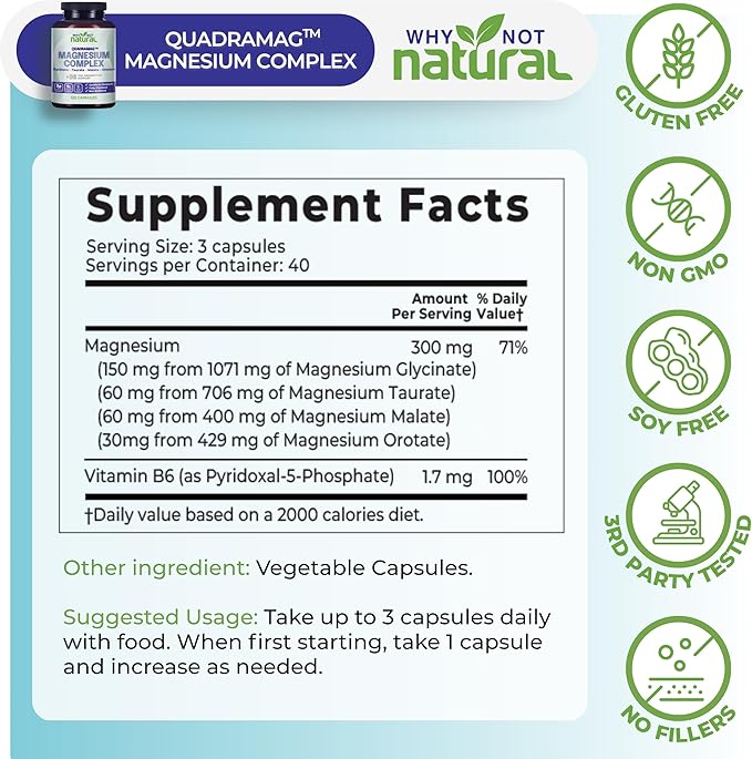 4-in-1 Magnesium Complex Supplement - Glycinate Taurate Malate Orotate Blend - 300 mg per Serving 120 Capsules