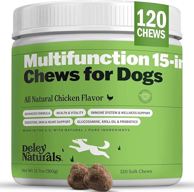 Deley Naturals 15 in 1 Multivitamin for Dogs - Complete Dog Vitamins and Supplements for Immune Support Joint Skin Digestion Heart &amp Overall Health - Daily Multifunction Supplements - 120 Chew