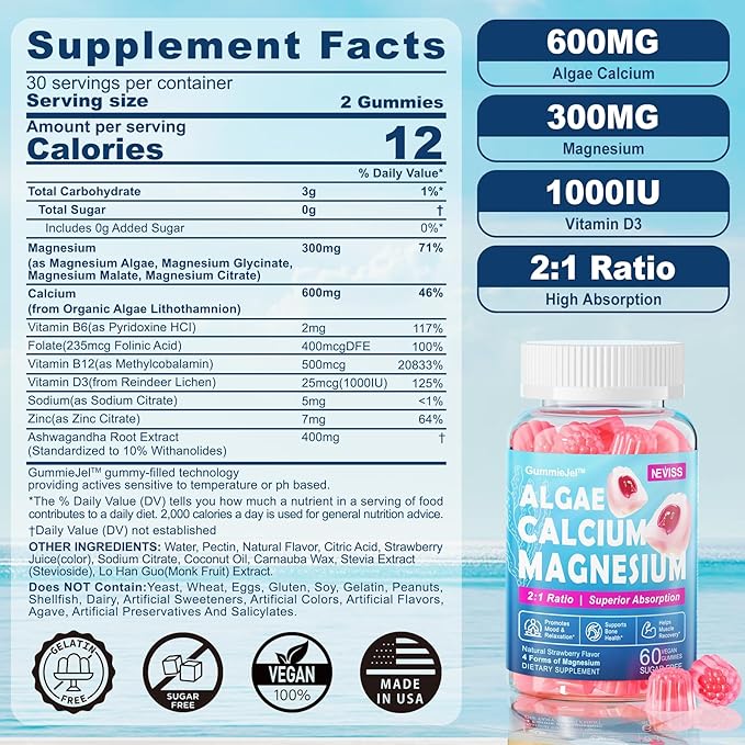 NEVISS Vitamin D3 5000IU + K2 (MK-7) 120mcg + Calcium Supplement 600mg Algae Calcium Magnesium 2:1