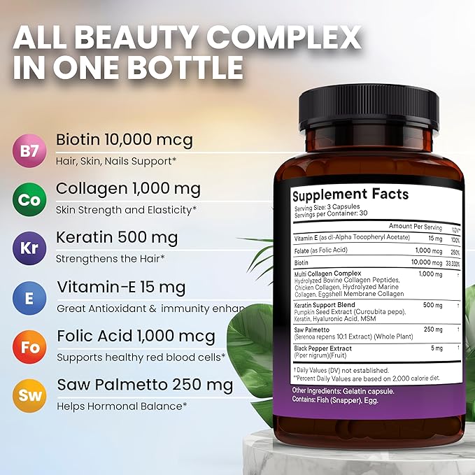 NEW AGE Biotin Collagen Keratin Hyaluronic Acid - 50000mcg Hair Growth Vitamins for Men and Women Nails Hair Skin Vitamins and DHT Blocker with Vitamin E Folic Acid Pumpkin Seed MSM - 90 Count