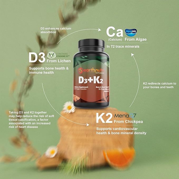 EarthNutri - Vitamin D3 Plus K2 Vitamin Supplement 5000 IU – Includes K2 from MENA Q7 D3 from Vitashine Calcium from Aquamin &amp 72 Trace Minerals – for Immune Bone &amp Heart Health - Non-GMO