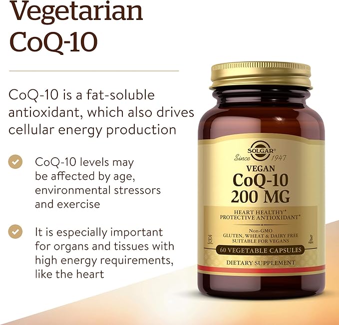 Solgar Vegetarian CoQ-10 200 mg 60 Vegetable Capsules - Heart Healthy Protective Antioxidant - Coenzyme Q10 (CoQ-10) Supplement - Vegan Gluten Free Dairy Free Kosher - 60 Servings