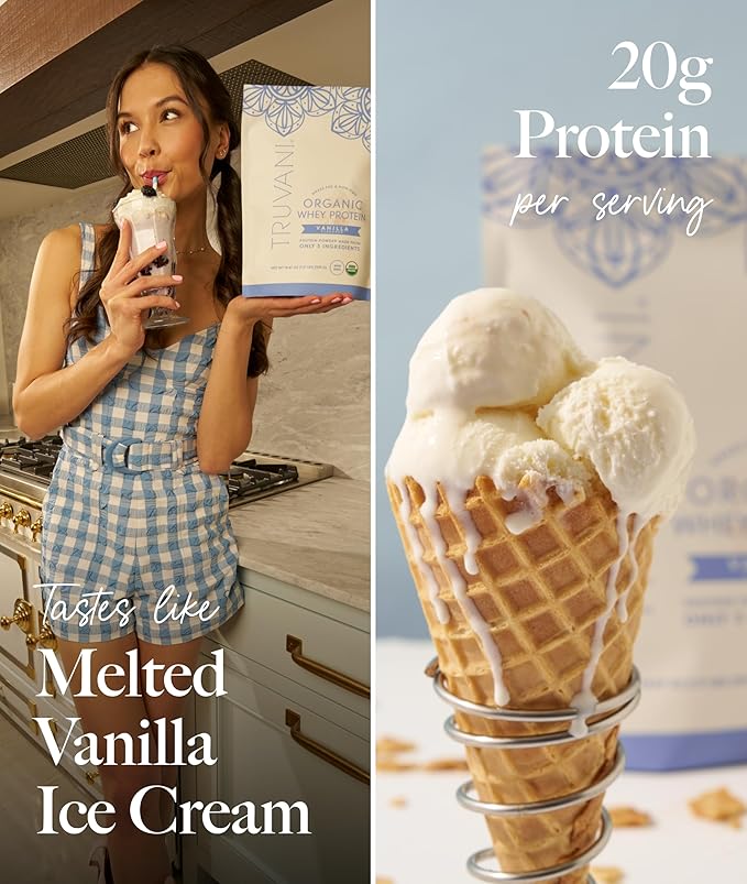 Truvani Organic Whey Protein Powder | Vanilla | 20g Grass Fed Whey Protein | 20 Servings | USDA Organic &amp Non-GMO | Gluten Free | No Gums No Soy No Stevia No Added Sugars