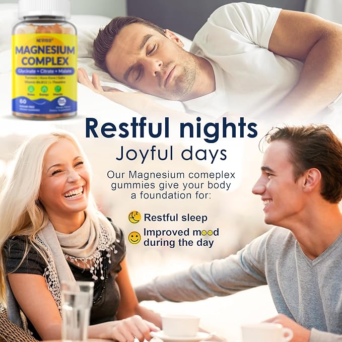 Magnesium Complex Gummies 400mg Magneisum Glycinate Citrate Malate + Turmeric GABA B6 B12 Kava Kava L-Theanine for Sleep Calm Relaxation Energy Magnesium Gummies for Women Men Vegan 60 Cts