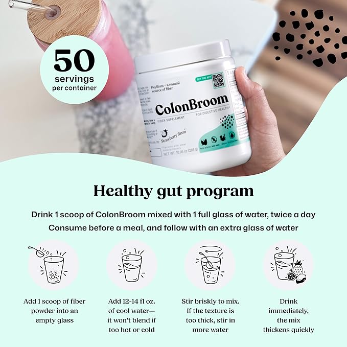 ColonBroom Psyllium Husk Powder (Strawberry) - Colon Cleanse for Bloating Relief &amp Gut Health - Colon Broom Fiber Powder Drink - Vegan Gluten Free Non-GMO Fiber Powder Supplement 50 Servings