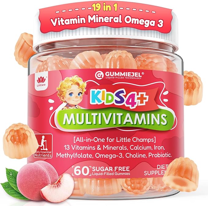 Kids Multivitamin Gummies + Iron Omega 3 Probiotic Fiber Vitamins A C D3 E K2 Methylfolate Calcium Choline Kids Vitamins Multivitamin for Growth Immune Bone Brain Focus No Sugar 60 Cts