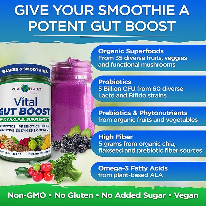 Vital Planet - Vital Gut Boost Powder by Brenda Watson PBS Gut Check Hope Supplement with Fiber 35 Omega 3 Oil Probiotics and Digestive Enzymes 8.1oz 230 Grams 30 Servings
