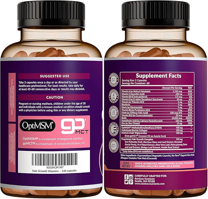 (2 Pack) Hair Growth Vitamins for Women | Biotin 10000mcg Collagen Patented OptiMSM® goMCT® Saw Palmetto | Naturally Regrow Stronger &amp Healthier Hair Skin and Nails | May Stop Hair Loss