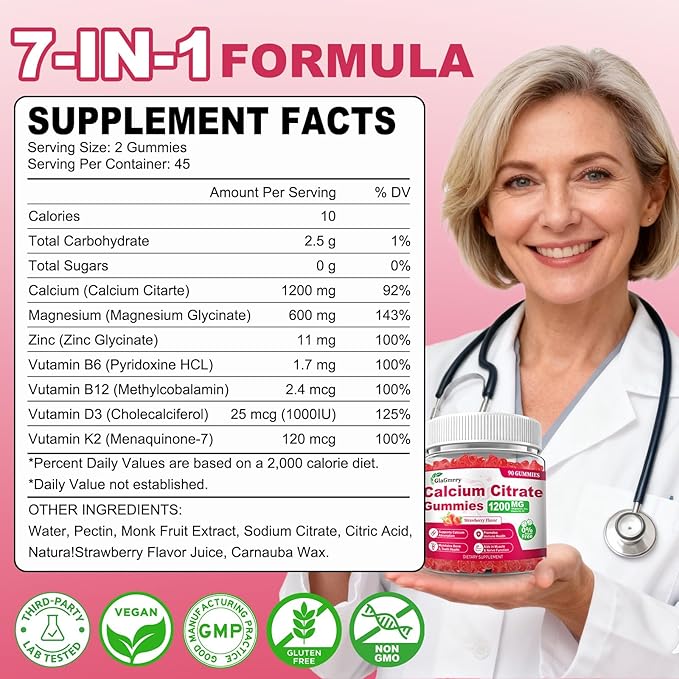 180 Count Calcium Citrate Gummies - 1200mg Calcium Gummies with Magnesium &amp 4 Essential Vitamins Support Bone Muscle Teeth Immunity Calcium Supplements for Women &amp Men Strawberry Flavor