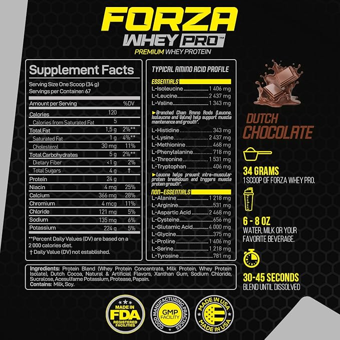 Forzagen Whey PRO Low Carb Protein Powder | 24g of Protein per Serving No Added Sugar Gluten Free Premium Whey for Shakes &amp Mixes for Men &amp Women BCAA | Dutch Chocolate 5 lbs. (67 Serving